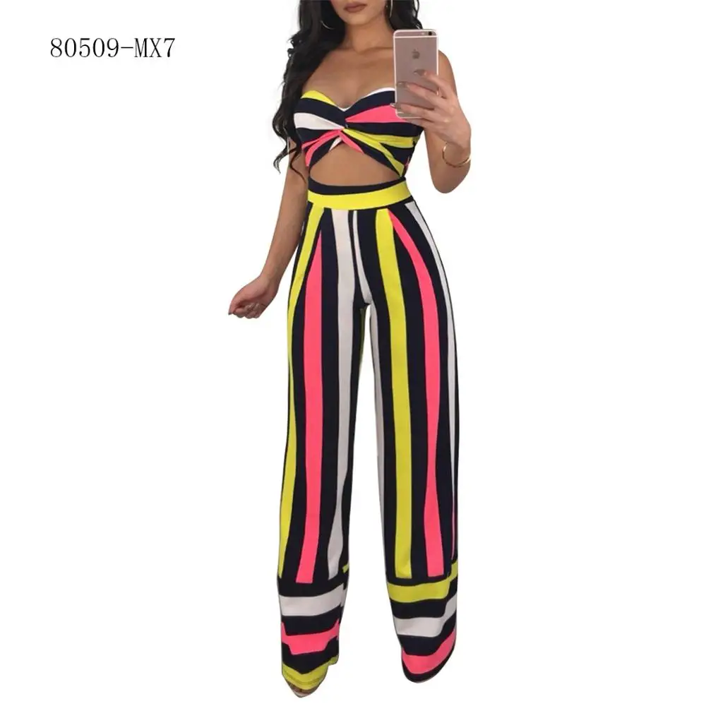 

80509-MX7 Sehe fashion 2 colors stripe jumpsuits crop top for women