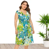 

6XL V Neck Sleeveless Floral Print Plus Size Midi Summer Dress Women
