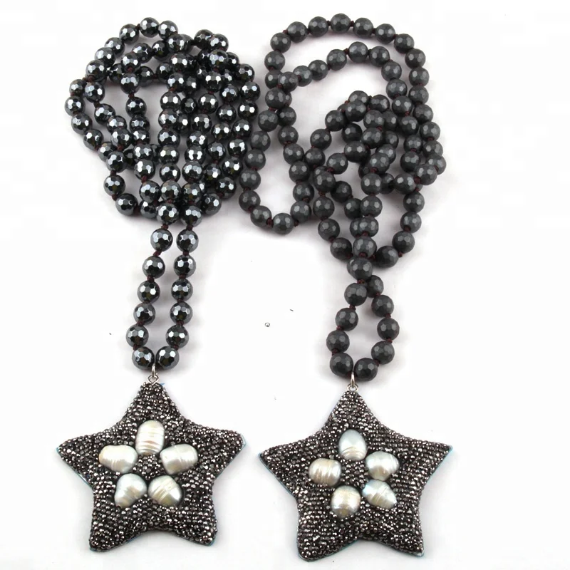 

Fashion Faceted Hematite Necklace Long Knot Women Necklace Handmade Crystal Pearl Paved Star Pendant Necklace, 2 color