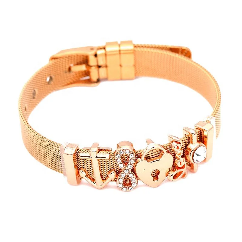 

Trendy stainless steel accessories adjustable initial mesh women rose gold bracelet, Picture