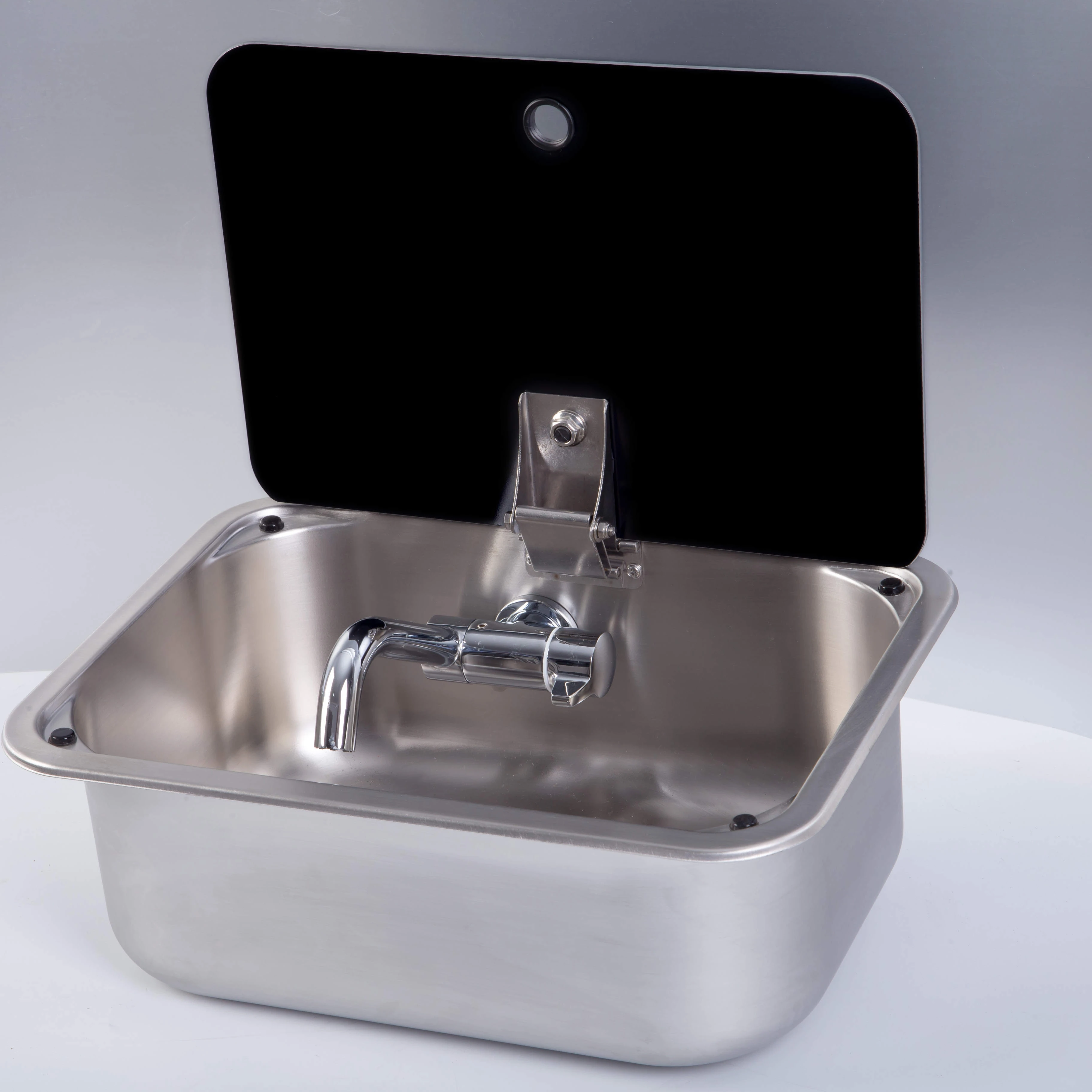 

Boat Caravan Stainless Steel Sink with Tempered Glass Lid 380*280*136mm GR-566A