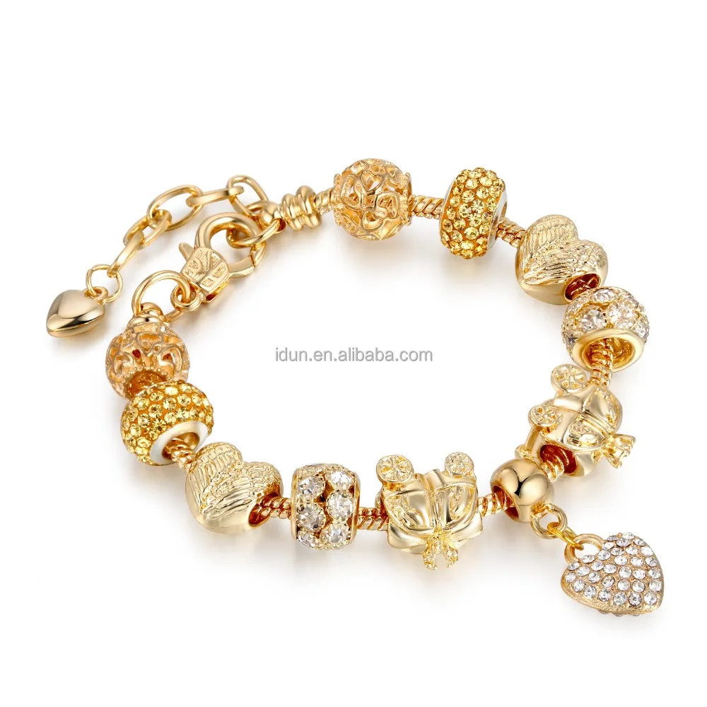 

European Crystal Rhinestone Heart Charm Bracelet Gold Tone Crystal RhineStone Rocks Beaded Hearts Bracelet, Picture