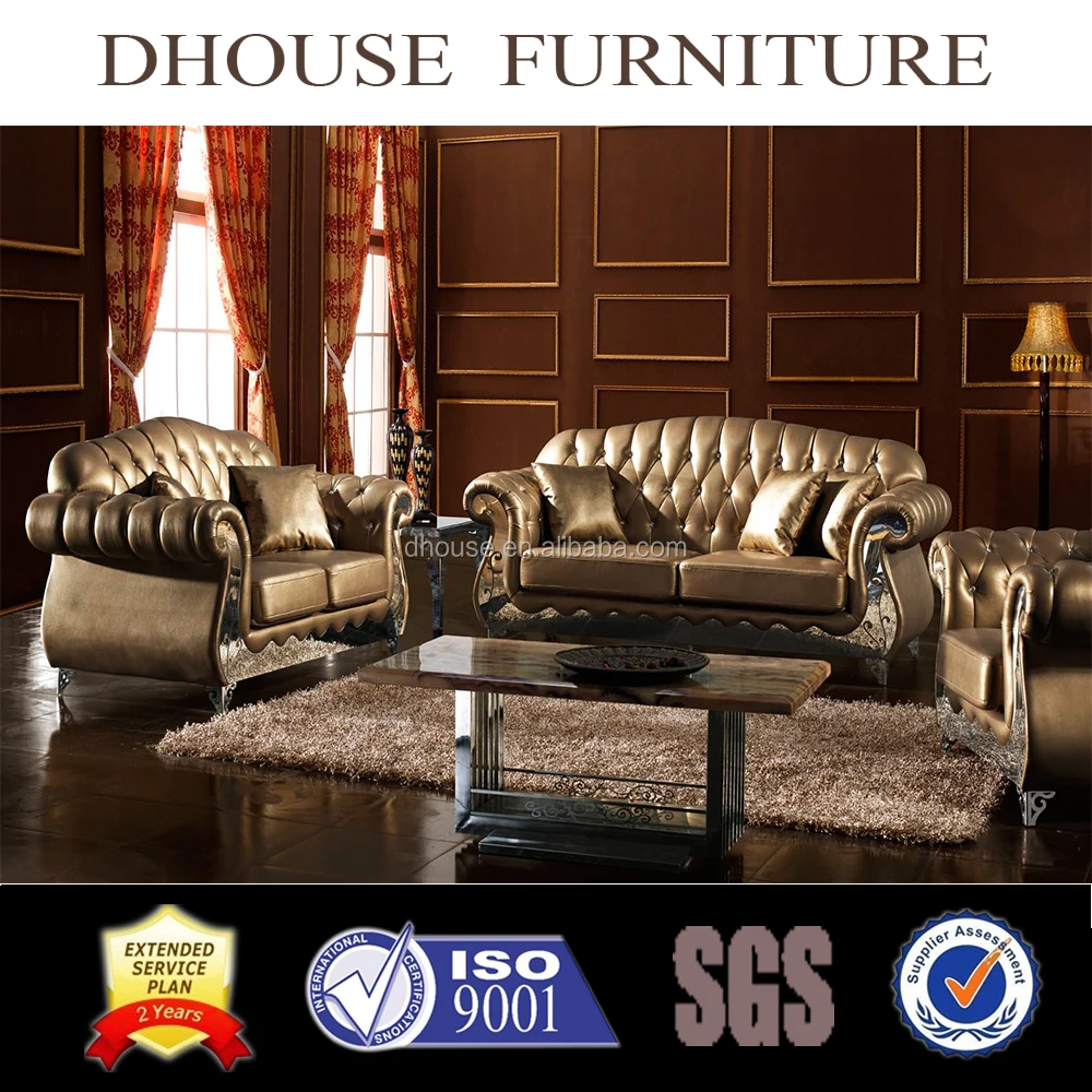 2018 Milan New Classic Chesterfield Luxury Golden Leather Sofa Set Al183 European