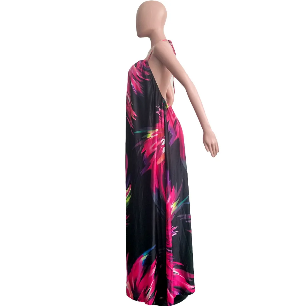 Ecowalson S3505 Women's Off-Back Sexy Sleeveless Digital Printing Floral Hanging Neck Mopping Long Dress S-3XL