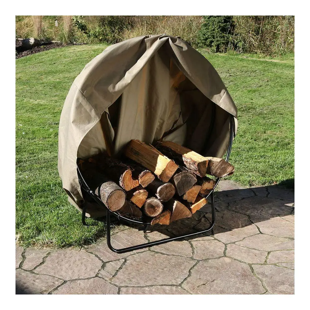 Outdoor Black Steel Firewood Log Hoop Rack with Khaki Cover - 40-Inch