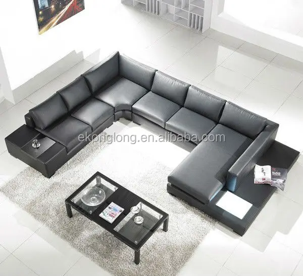 baru hitam  terikat kulit  sectional sofa  w built in lampu 