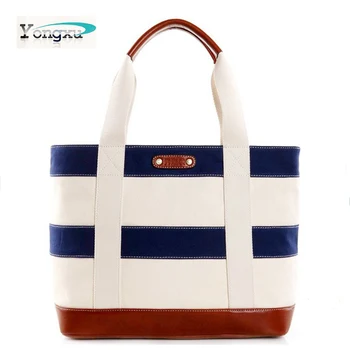 blue and white striped beach bag