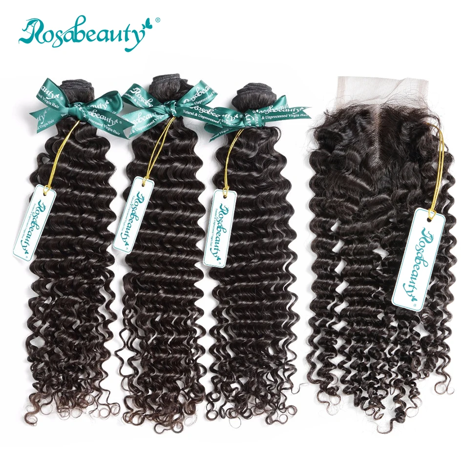 

Rosabeauty Brazilian Hair 3 Bundles With a Lace Closure Deep Wave 100% Pure Virgin Hair Middle/Free/3-Part Lace Closure, N/a