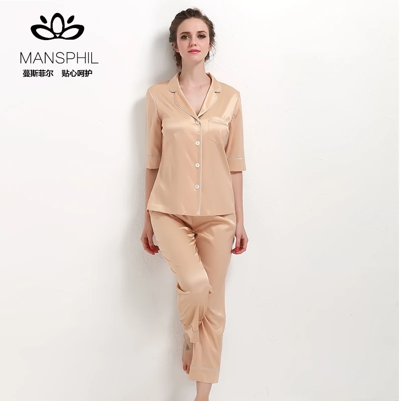 

100% Silk Ladies' Stretch Classical Pajama Shirt and Pant Lounge PJ Set with Fashion Design and Superior Workmanship, Champagne