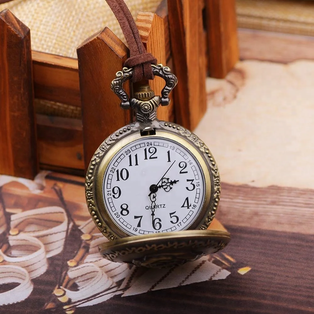 

Vintage Leather Rope Rose Flower Embossed Retro Pocket Watch Pendant Necklace for women men, Bronze