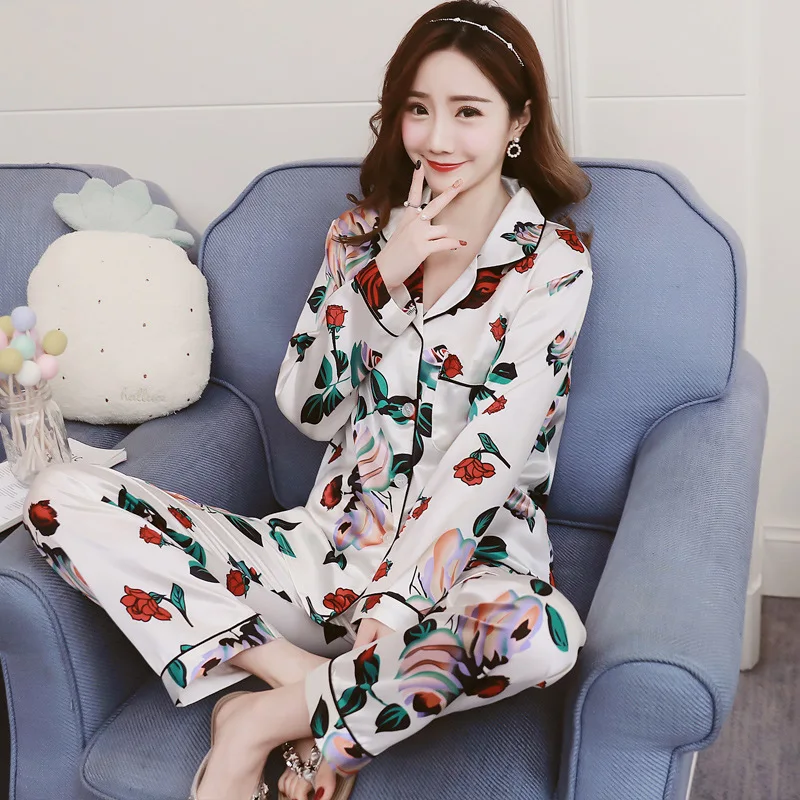 Womens Silk Satin Pajamas Pyjamas Set Long Sleeve Sleepwear Pijama Pajamas Suit Female Sleep Two Piece Set Loungewear
