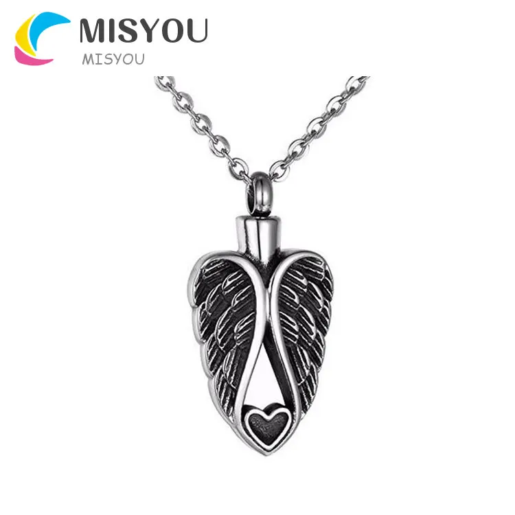 

Cremation Jewelry Heart Angel Wings Pendant Memorial Urn Necklace, Picture