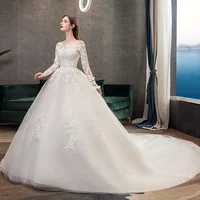 

Vintage Modest Lace Wedding Dress Long Sleeve O Neck Princess Long Tail Ball Gown Wedding Dresses Lace Up China Bridal Gowns