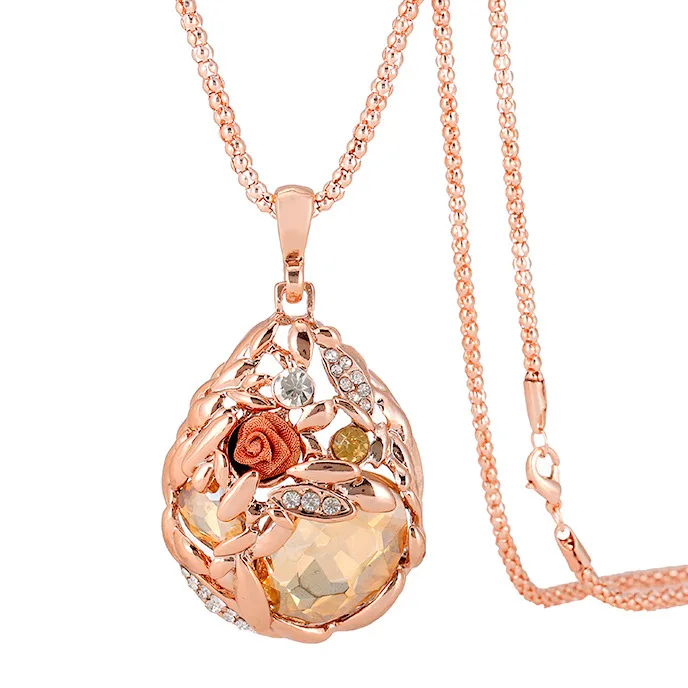 

Teardrop Shape Fancy Long Rose Gold Chain Necklace Champagne Crystal Sweater Necklace