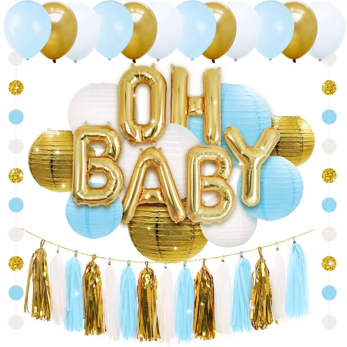 blue white and gold baby shower decorations