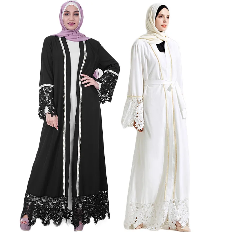 

Muslim Lace Maxi Dress Abaya Embroidery Cardigan Pearl Long Robes Tunic Kimono Jubah Middle East Ramadan Arab Islamic Clothing, Black;white