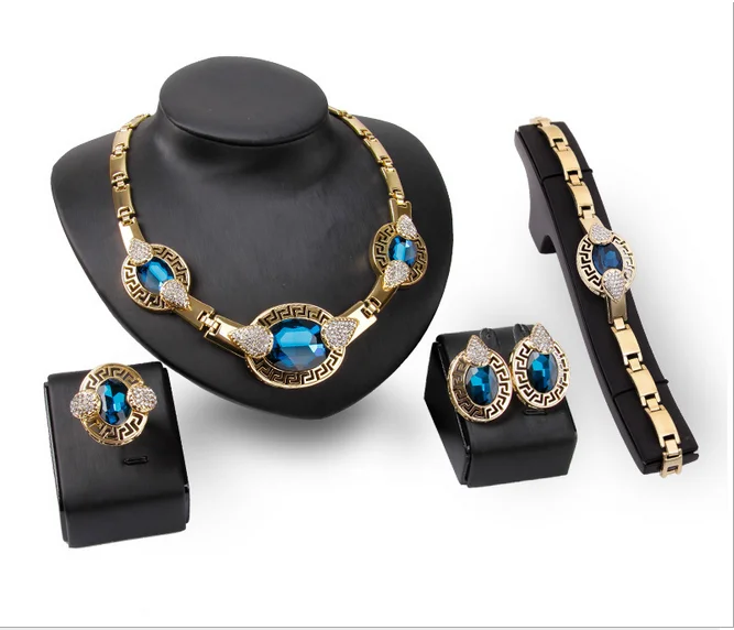 

Three Blue Butterfly Knots Two Colors Crystal Shape Chain Women Gold Plated Classic African Wedding Jewelry Sets 4Pcs
