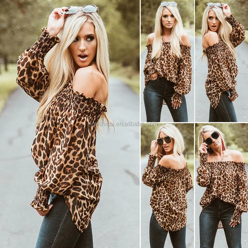 

Latest Fashion Women Sexy Recreational Leopard Off-shoulder Shirt, N/a