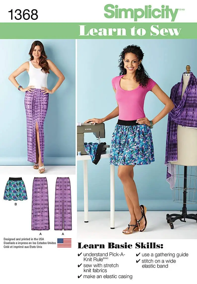 Simplicity Learn To Sew Pattern 1368 Misses Pull-on Short Skirt and Knit One Piece Maxi Skirt, Sizes 6-8-10-12-14-16-18