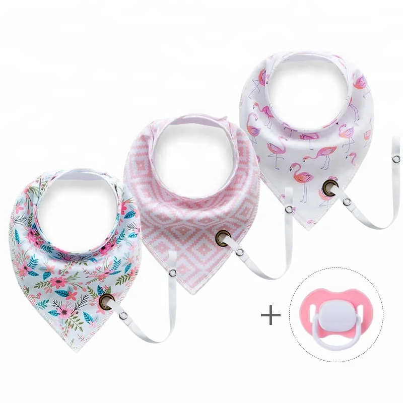 Unisex Teething Soft Absorbent Cotton Fabric Baby Bib with Soother Pacifier chain