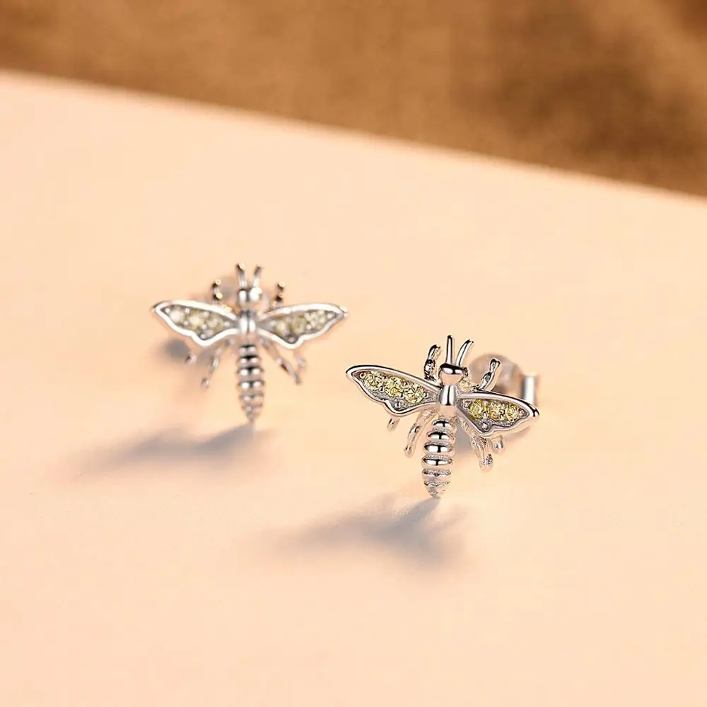 CZCITY Bee Cubic Zirconia Animal Earrings 925 Sterling Silver Lovely Korean Stud Earring for Girls Wholesale