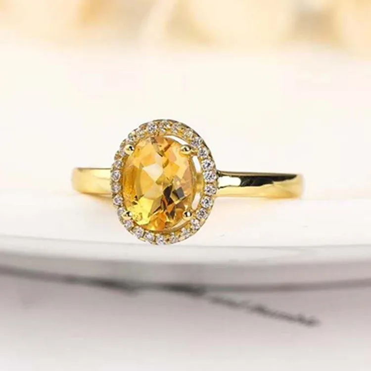 

European American popular gemstone jewelry with price 925 sterling silver 18k gold plated 6x8mm natural citrine ring, Yellow