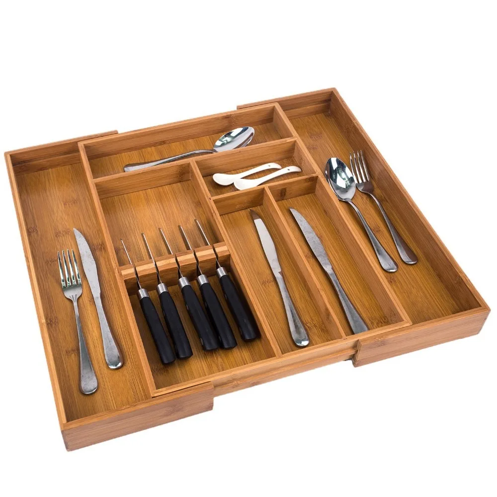 High Quality Expandable Bamboo Kitchen Cutlery Drawer Organizer Knife Holder Utensil Tray Silverware Storage tray