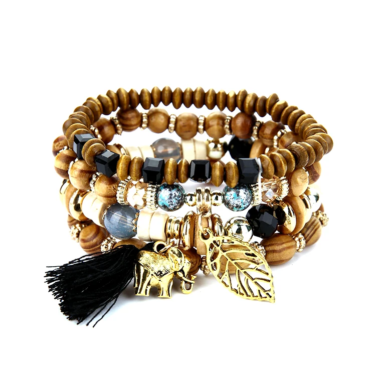 

BW-868 Beautiful Wholesale Multi Strand Stretch Beaded Bracelet Cute Elephant Leaf Tassel Charm Bracelet for Women, 4 colors