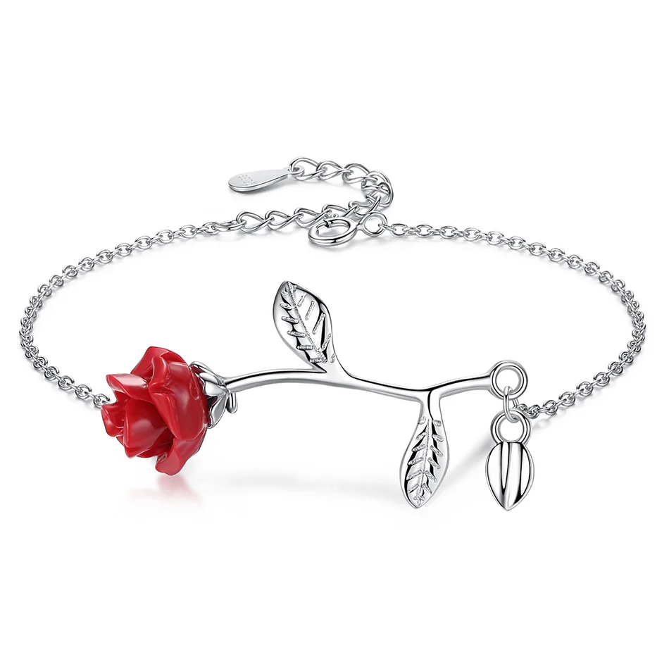 

100% 925 Sterling Silver Bracelet Red Rose Flower Bracelet For Women Chain & Link Bracelets Wedding Chain Jewelry, Silver color