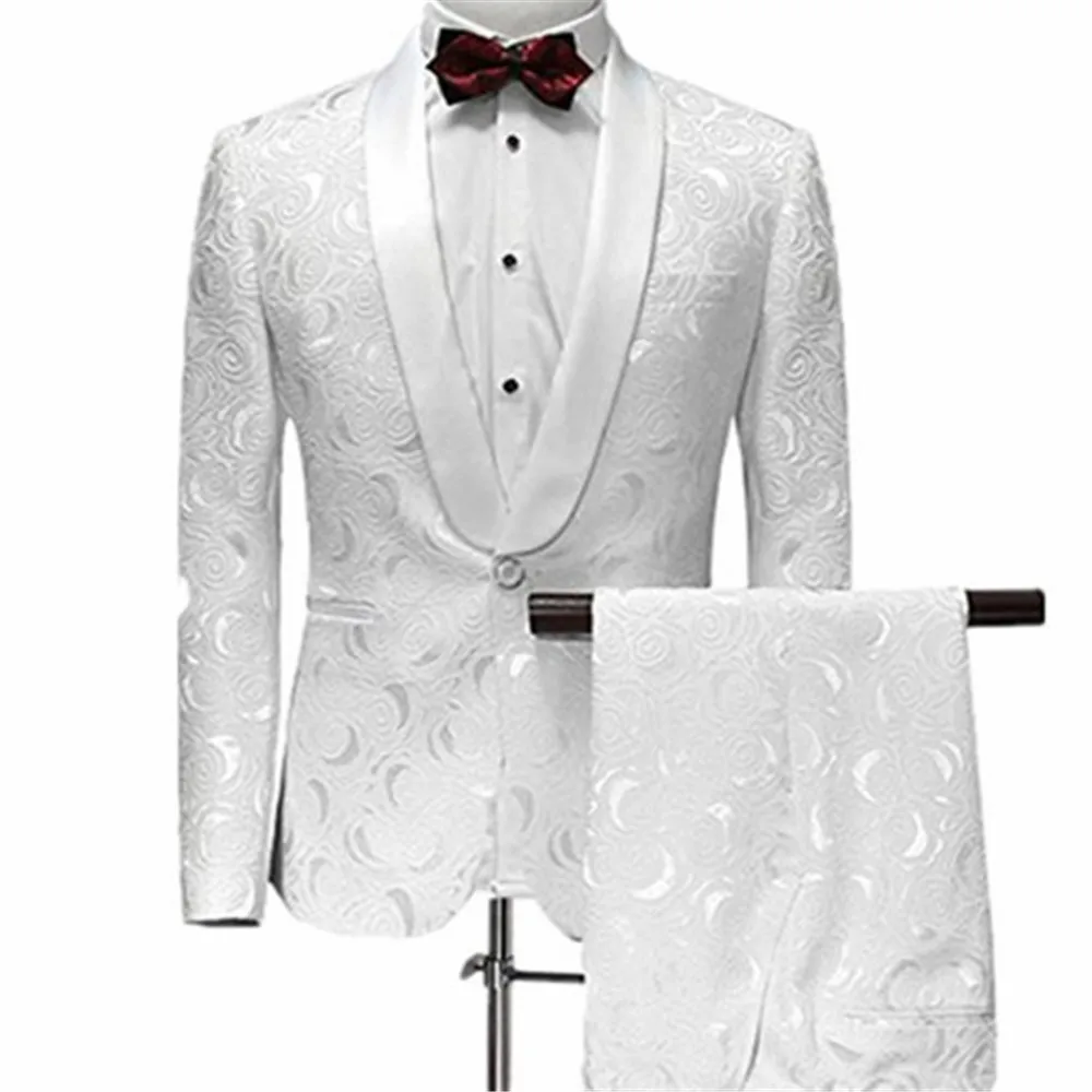 

Latest Casual White Pattern Slim Fit Men Wedding Suits