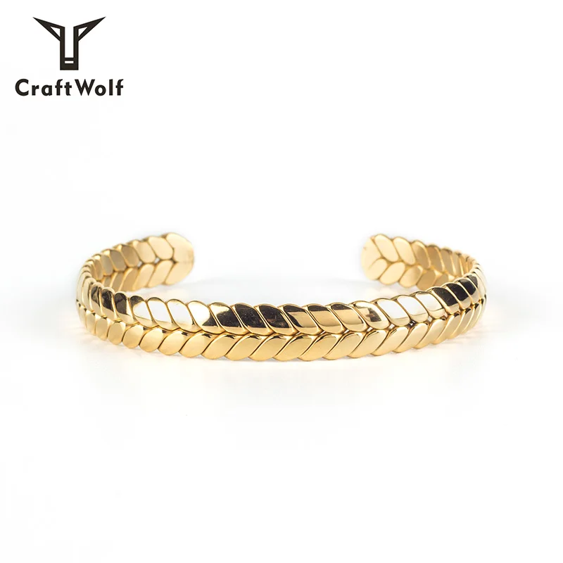 

Craft Wolf Gold Color Jewelry Bangles Stainless Steel Leaf Cuff Bracelet, Gold, steel