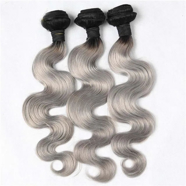 

Body Wave Hair Weft T1B/Grey Ombre Color Remy Human Hair Weaving Bundles, Color hair