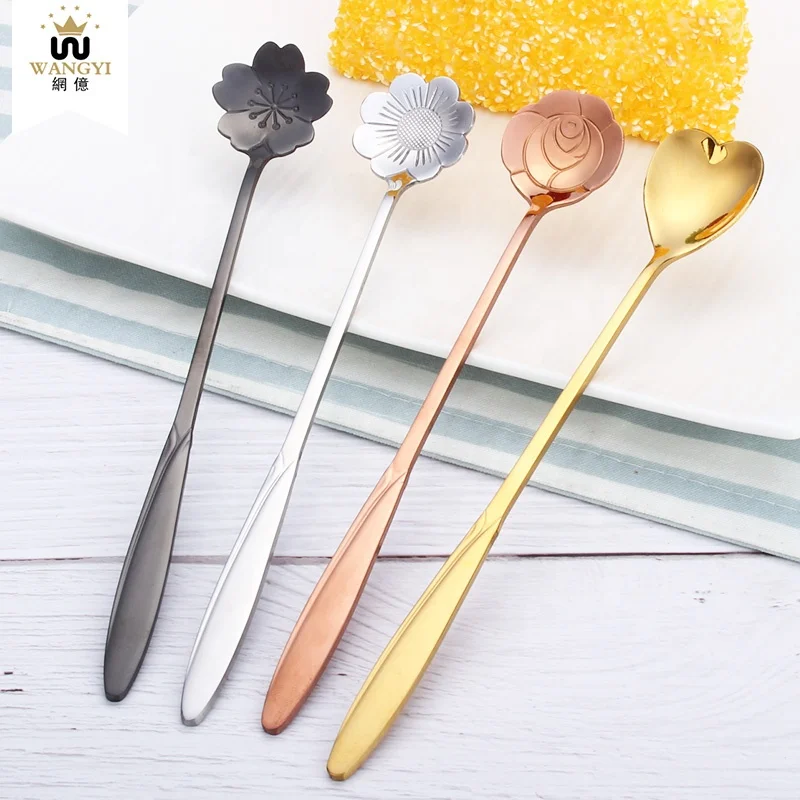 

Amazon gifts set coffee spoon stainless steel dessert flower spoon, Silver/ black/ gold/ rose gold