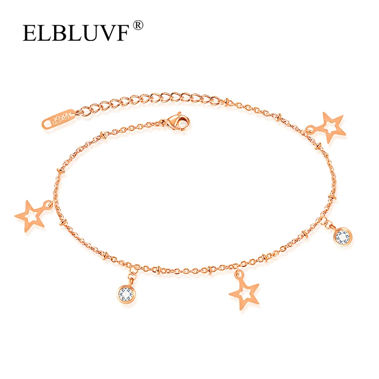 

ELBLUVF Free Shipping Stainless Steel 18K Gold Hollow Star Anklet Zircon Jewelry For Girls/Ladies/Women, Rose gold