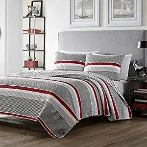 2 piece Boys Twin Red Grey White Rugby Stripes Quilt Set, Striped Horizontal Lines Nautical Pattern, Stripes Coverlet Bedding with Rugby Themed Design with Gray, Beautiful Colors! Anchors on Reverse
