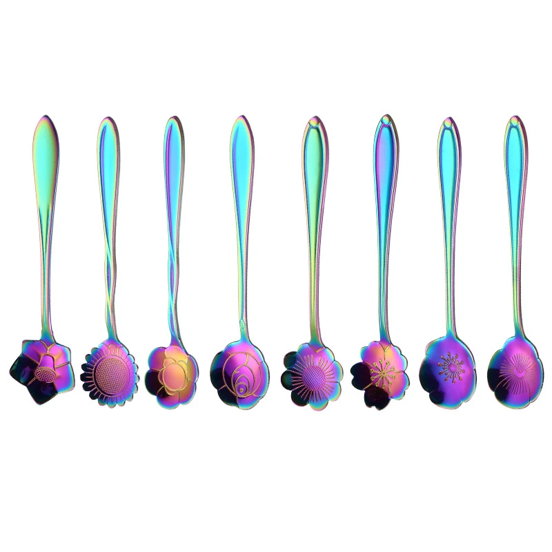 

Multicolor 8Pcs Stainless steel Coffee Spoon Flower Shape Dessert Spoon Ice Cream Candy Tea Spoon