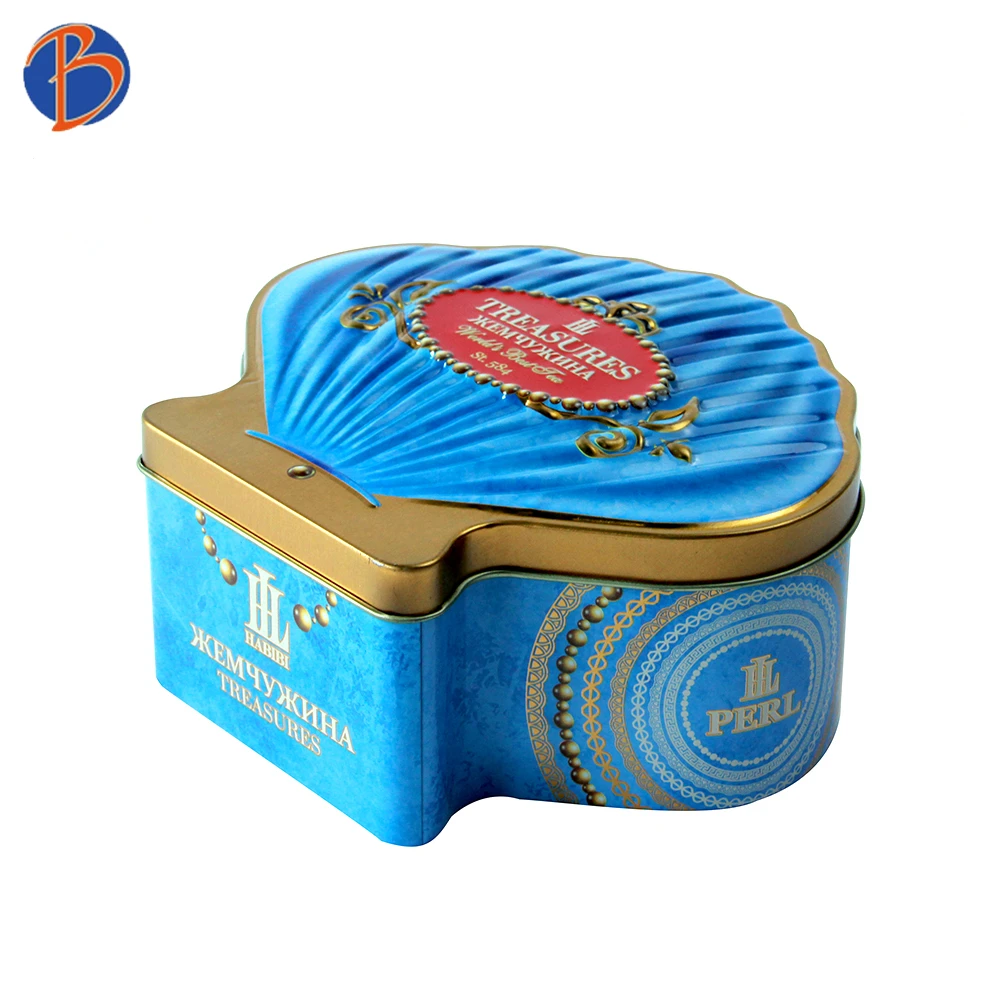 Wholesale custom shell-shape empty metal can  box custom print cute cookie tin boxes biscuit tins packaging box tea caddies