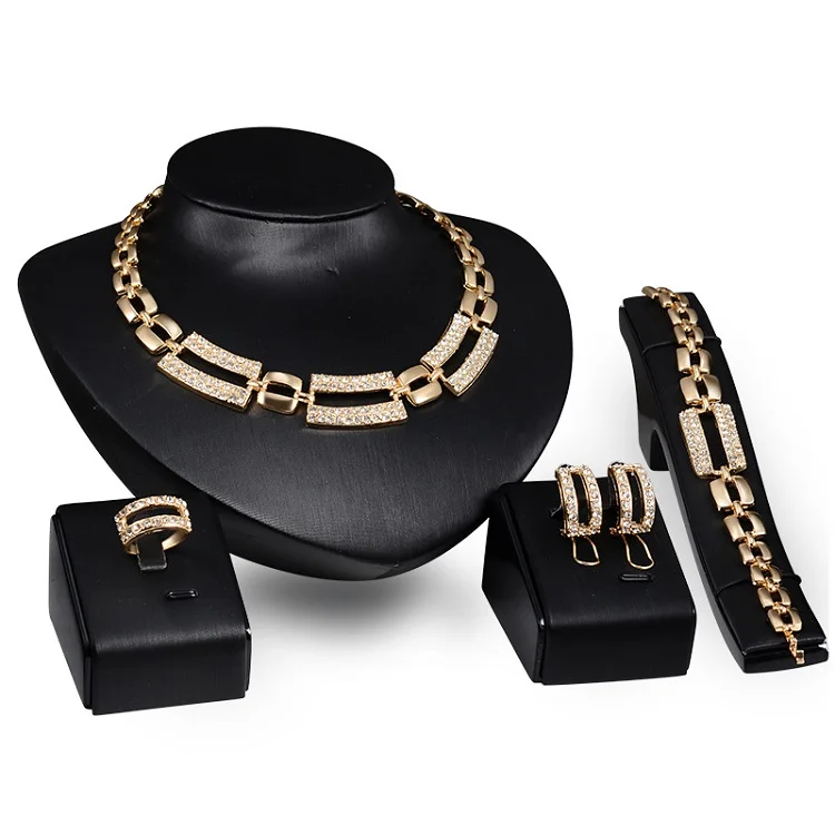 

Women New 4 Piece African Fashion Jewelry Sets Rectangle Luxury Brazilian Saudi Gold Dubai Crystal Wedding Bridal Jewelry Set, As show