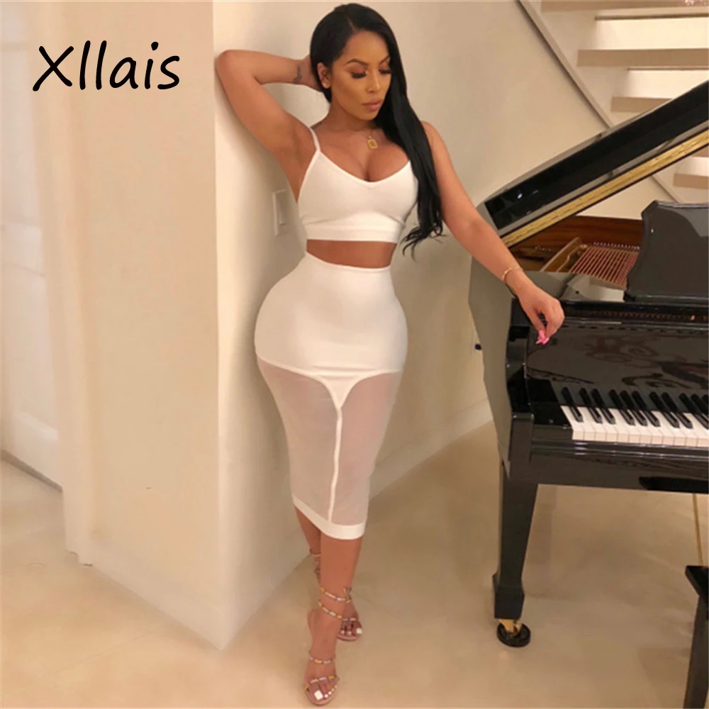 

8213 New Stylish Womens 2Pcs Bodycon V-Neck Sling Top And Solid White perspective skirt Dresses Woman Clothing Sets 2019
