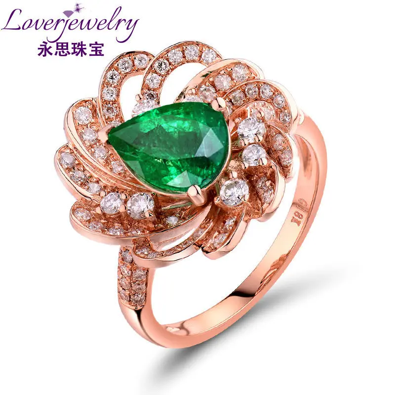 

Brilliant Design Engagement Pear Emerald Rings With Real Diamond In Solid 18K Rose Gold,Wedding Bands Genuine Gold Top Sale, N/a