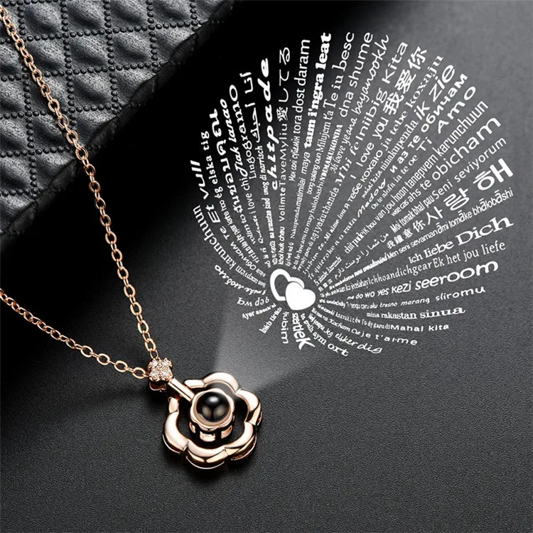 

New Design Women Fashion Necklaces Jewelry Flower Projection Hundreds Language I Love You Initial Gold Crystal Necklace, As show