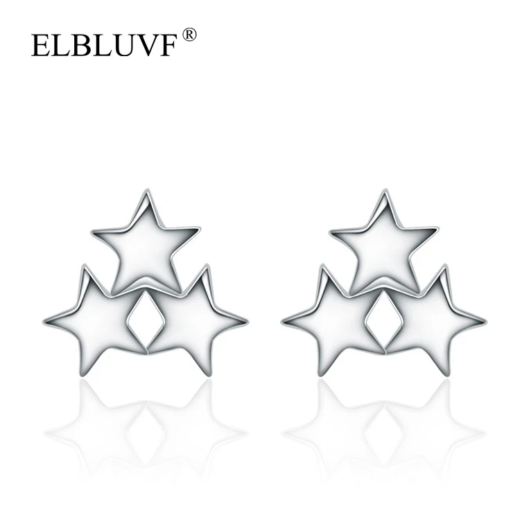 

ELBLUVF Free Shipping 925 Sterling Silver Women Girl Jewelry Three Lucky Star Shaped Stud Earrings