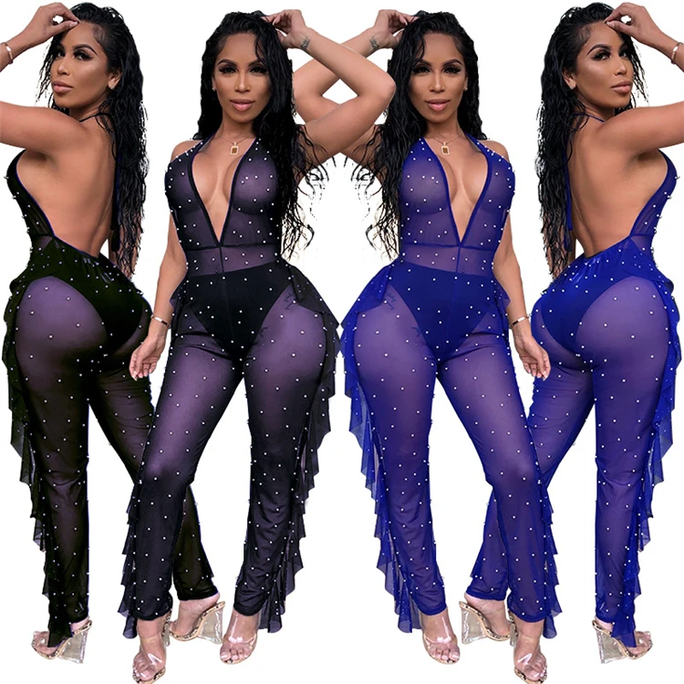 

0625M0270 fashion ruffles backless deep v neck sexy woman pearl mesh body jumpsuit