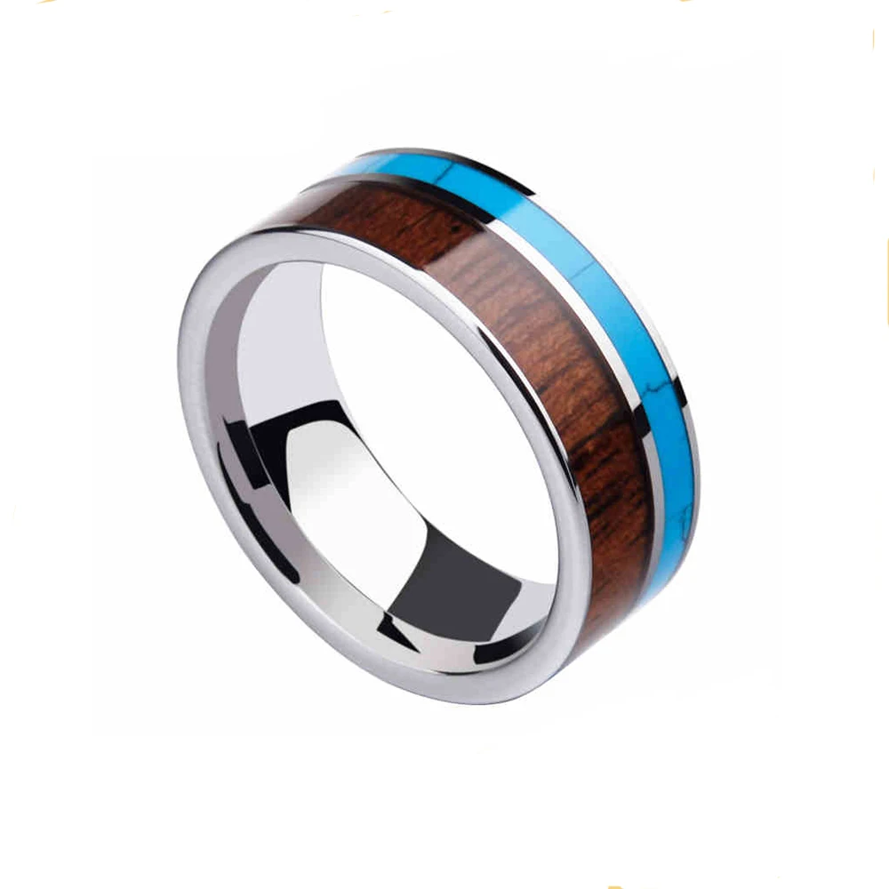 

Fashion Blue Natural Stone With Brown Wood Style Wholesale Tungsten Ring For Women And Men