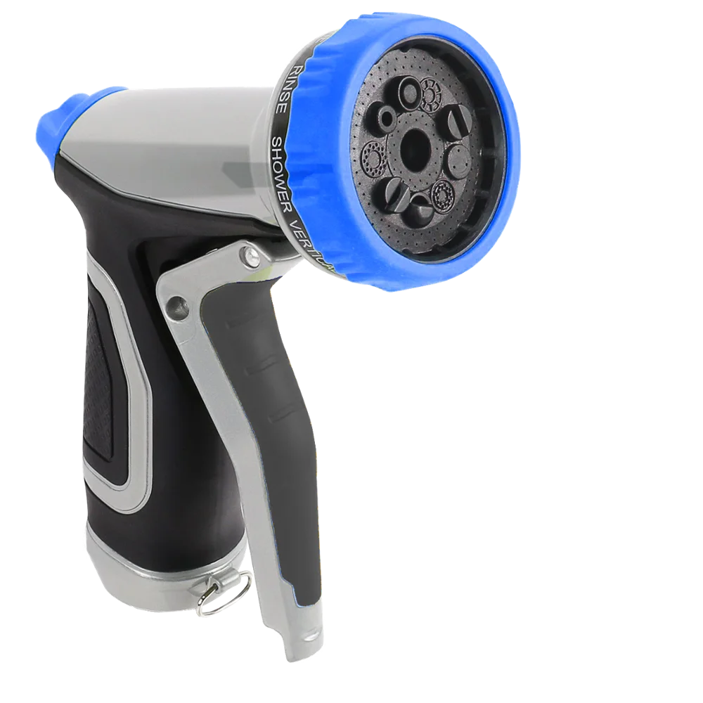 

Metal 9 function water trigger nozzle for garden