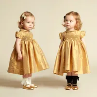 

United kingdom style children frock model Girls Hand-Smocked Gold Silk Dress