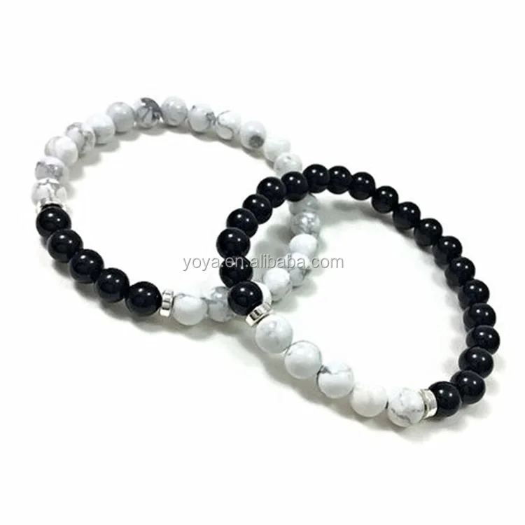 

BRY1620 Beautiful 18cm black agate and white howlite beads couple bracelet for lovers