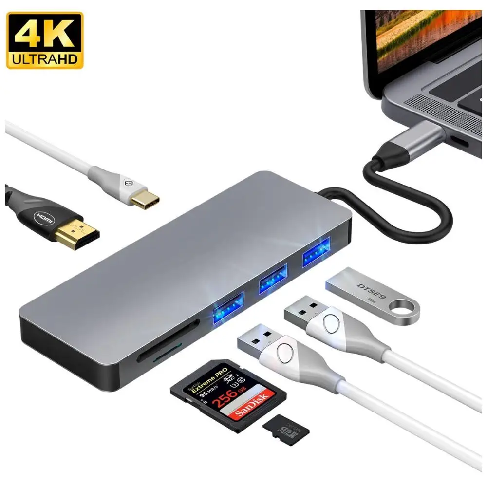 

7-in-1 Type C Adapter with PD Power Delivery, SD/TF Card Reader, 4K HD MI Output, 3 USB Ports, Silver/ gray