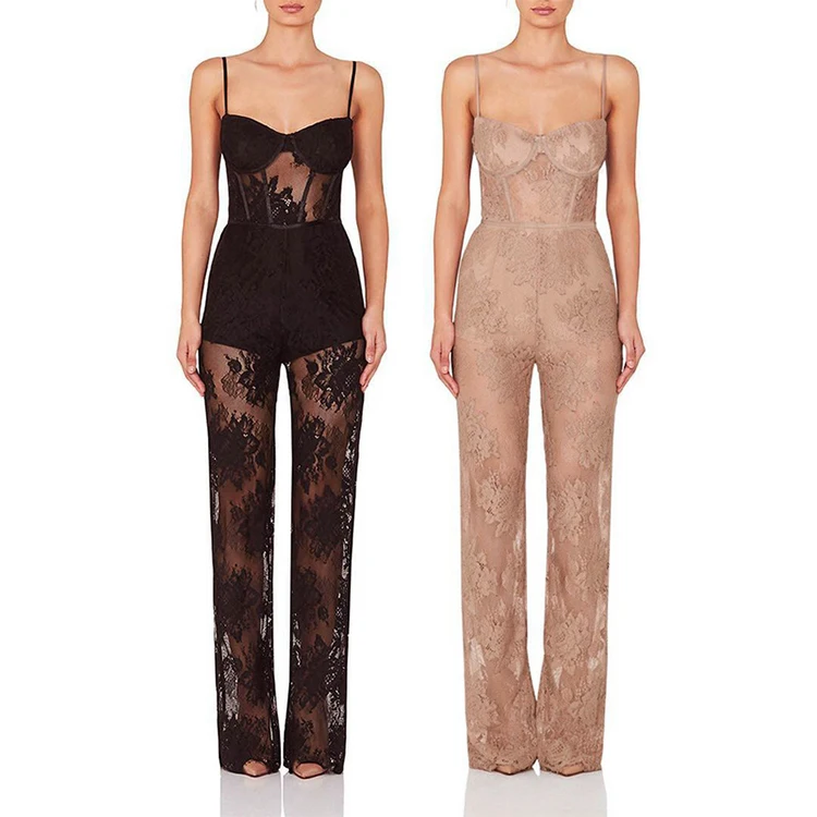 

2019 New Summer Women Runway Bandage Jumpsuit Rompers Elegant Lace Spaghetti Strap Jumpsuit Sexy Bodysuit Vestido Clubwear, Black