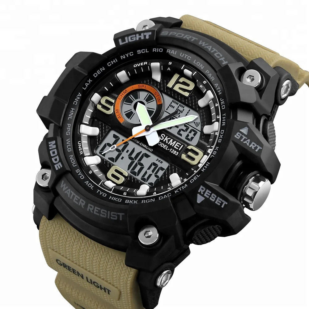 

skmei cheap plastic waterproof chronograph sport multiple time zone wrist watches 1283, Black;red;blue;dark green;khaki